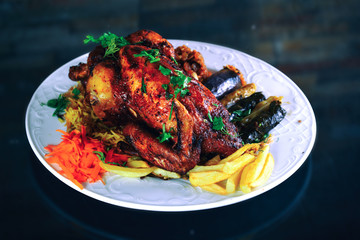 Meals of chicks, meat, shish tawook, rice and appetizers , grilled