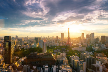Cityscapes of Tokyo, city aerial skyscraper view of office building and downtown of tokyo with sunset / sun rise background. Japan, Asia, Tokyo is metropolis and center of new world's modern busniess - obrazy, fototapety, plakaty