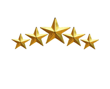 Golden five star review or rating isolated on white background