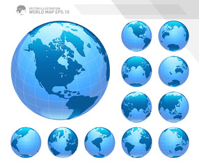 Globes showing earth with all continents. Digital world globe vector. Dotted world map vector.
