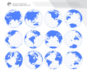 Globes showing earth with all continents. Digital world globe vector. Dotted world map vector.
