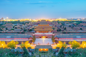 The Forbidden City at night in Beijing, China