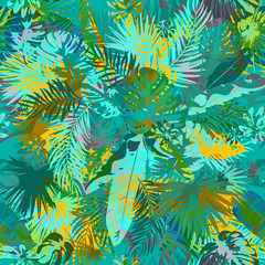 Fototapeta na wymiar Artistic summer grunge seamless pattern. Multicolored background with shabby tropical leaves grunge texture. Hand drawn abstract floral illustration. Vector.
