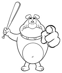 Black And White Angry Bulldog Cartoon Mascot Character Holding A Bat And Pointing. Illustration Isolated On White Background