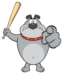 Angry Gray Bulldog Cartoon Mascot Character Holding A Bat And Pointing. Illustration Isolated On White Background