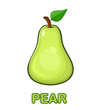 Pear Fruit With Green Leaf Cartoon Drawing Simple Design. Illustration Isolated On White Background With Text Pear