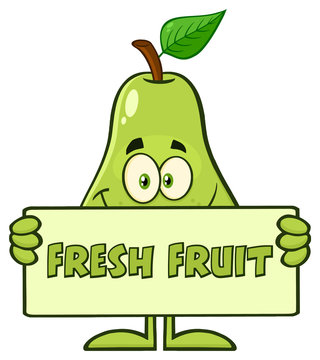 Pear Fruit With Green Leaf Cartoon Mascot Character Holding A Banner With Text Fresh Fruit. Illustration Isolated On White Background