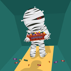 Halloween concept card with Mummy bring candy for trick or treat