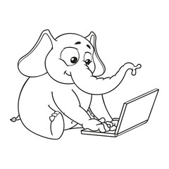 Elephant. Character. Sits at the computer. Work on the Internet. Communication in the network. Big collection of isolated elephants. Vector, cartoon.