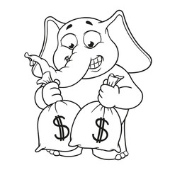 Big collection vector cartoon characters of elephants on an isolated background. Lot of money. Holds bags with money