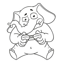 Elephant. Character. Playing video games, joystick, gamepad. Big collection of isolated elephants. Vector, cartoon.