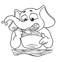 Elephant. Character. He eats porridge with a spoon. Big collection of isolated elephants. Vector, cartoon.