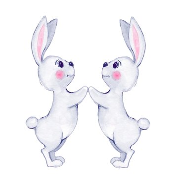 White rabbits. Watercolor illustration. Isolated on white background