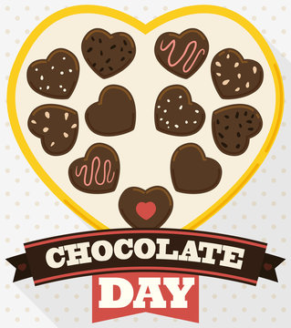Delicious Chocolate Candies Inside a Heart Box for Chocolate Day, Vector Illustration