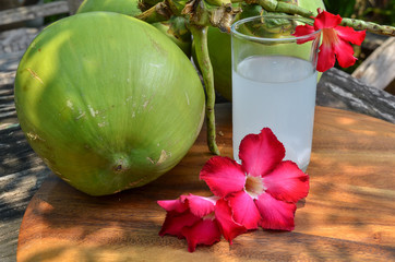 Fresh young coconut and a cup of the juice