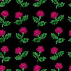 Embroidery stitches imitation seamless pattern with little roses