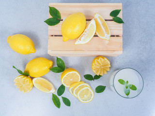 Lemon or lime  juice and lemon slice .top view composition .