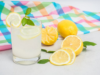 Lemon or lime  juice and lemon slice .top view composition .