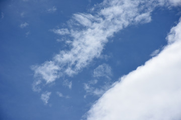 青空と雲「雲のモンスター（子供か何かをくわえようとするドラゴンなどのイメージ）」育児、慈しむ、勝つ、愛情などのイメージ（右の白い雲の部分にタイトルスペース）