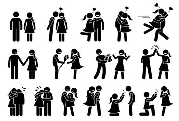 Happy Couple and Lover. Boyfriend and girlfriend love each others. Stick figures depict a couple kissing, holding hand, giving gifts, high five, consoling, hugging, cuddle, and marriage proposal. - obrazy, fototapety, plakaty