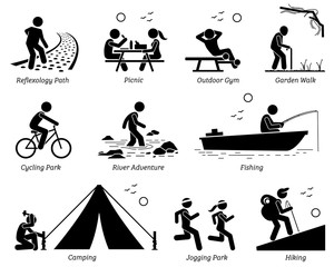 Outdoor Recreation Recreational Lifestyle and Activities. Pictogram depicts reflexology path, picnic, outdoor gym, garden walk, cycling park, river adventure, fishing, camping, jogging, and hiking.  - obrazy, fototapety, plakaty