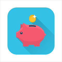 Money box flat icon. Pig piggy bank with coin. Money savings, save money, budget, finance symbol. Internet icon with long shadow in cartoon style. Web and mobile design element. Vector illustration.