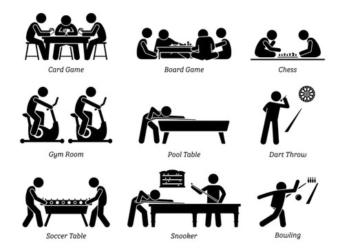 Indoor Club Games and Recreational Activities. Stick figures depict recreation activity of card and board game, chess, gym room, pool table, throwing dart, soccer table, snooker, and bowling.