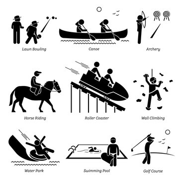 Outdoor Club Games and Recreational Activities. Stick figure depict outdoor games lawn bowling, canoe, archery, horse riding, roller coaster, wall climbing, water park, swimming pool, and golf course.