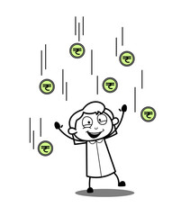 Happy Cartoon Girl Standing in Coins Rain