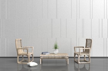 White-grey living room are decorated with wood armchair and table, tree in glass vase, white pillow, blue book,  white cement wall. the grey cement floor. 3d render.