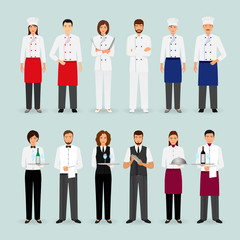 Hotel restaurant male and female team in uniform Group of catering service characters standing together Welcoming banner