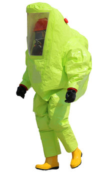 Firefighter with protective suit against chemical and bacteriolo
