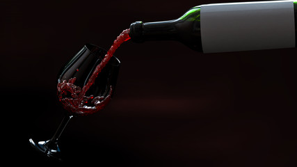 3d render Red Wine glass and Bottle