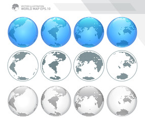 Globes showing earth with all continents. Dotted world globe vector.