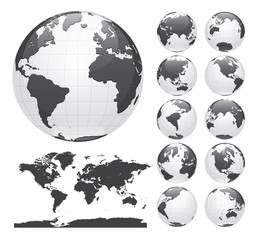 Fototapeta na wymiar Globes showing earth with all continents. Digital world globe vector. Dotted world map vector. 