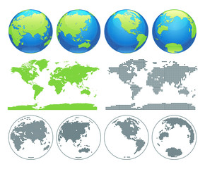 Globes showing earth with all continents. Digital world globe vector. Dotted world map vector.
