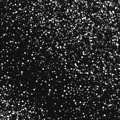 Random falling white dots. Random scatter with random falling white dots on black background. Vector illustration.