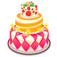 Festive pink cake decorated with candles, beads and flowers. Vector dessert in cartoon style on white background for your design needs. Illustration isolated