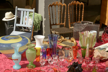 vintage vases and glasses at street market, Chiavari , Italy
