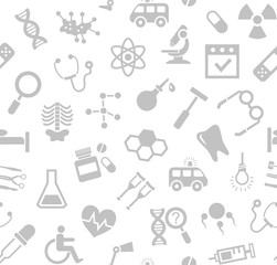 Medicine, white background, seamless, vector. Grey drawings of medical services, and tools on a white field. Vector background. 
