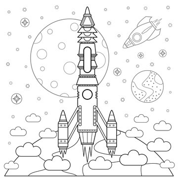 Start rockets and space. Coloring book. Vector illustration.