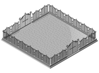 Decorative iron fence and gate on stone pavement. 3D isometric view. Vector illustration.