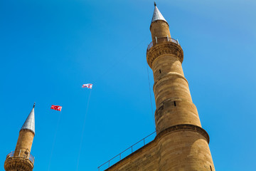 NICOSIA, NORTHERN CYPRUS. View on Northern Nicosia symbol - steeples of Selimiye mosque (ex. St....