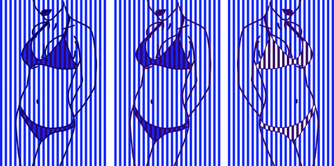 Silhouette of a female body in a swimsuit. White blue striped background background.