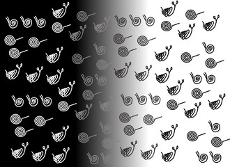 Spiral, schematic snail, black, gray, white. Design work.