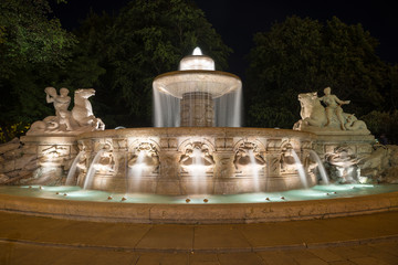 The famous fountain Wittelsbach at night. Munich, Bavaria, Germany.