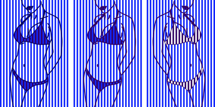Silhouette of a female body in a swimsuit. White blue striped background background.