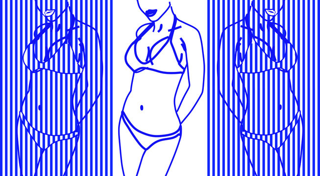 Silhouette of a female body in a swimsuit. White blue striped background background.