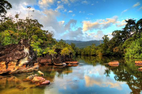 Beautiful view of the tropical jungle river at the beach of Masoala National Park in Madagascar