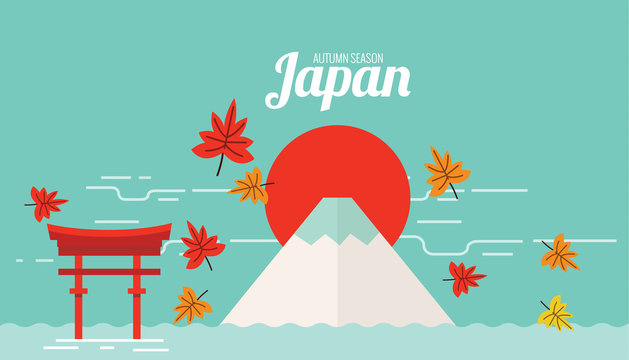 Scene of Fuji Mount and Tori gate in Autumn Season. Autumn travel season in japan. flat design elements. vector illustration